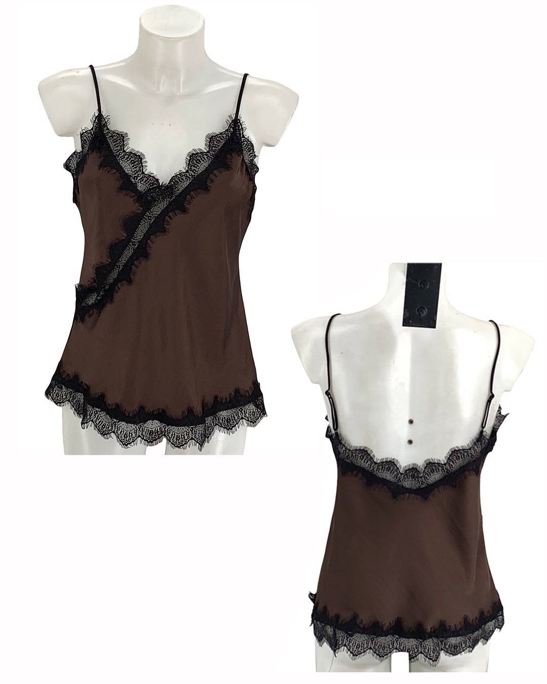 Satin Lace Trim Cami Top - Brown