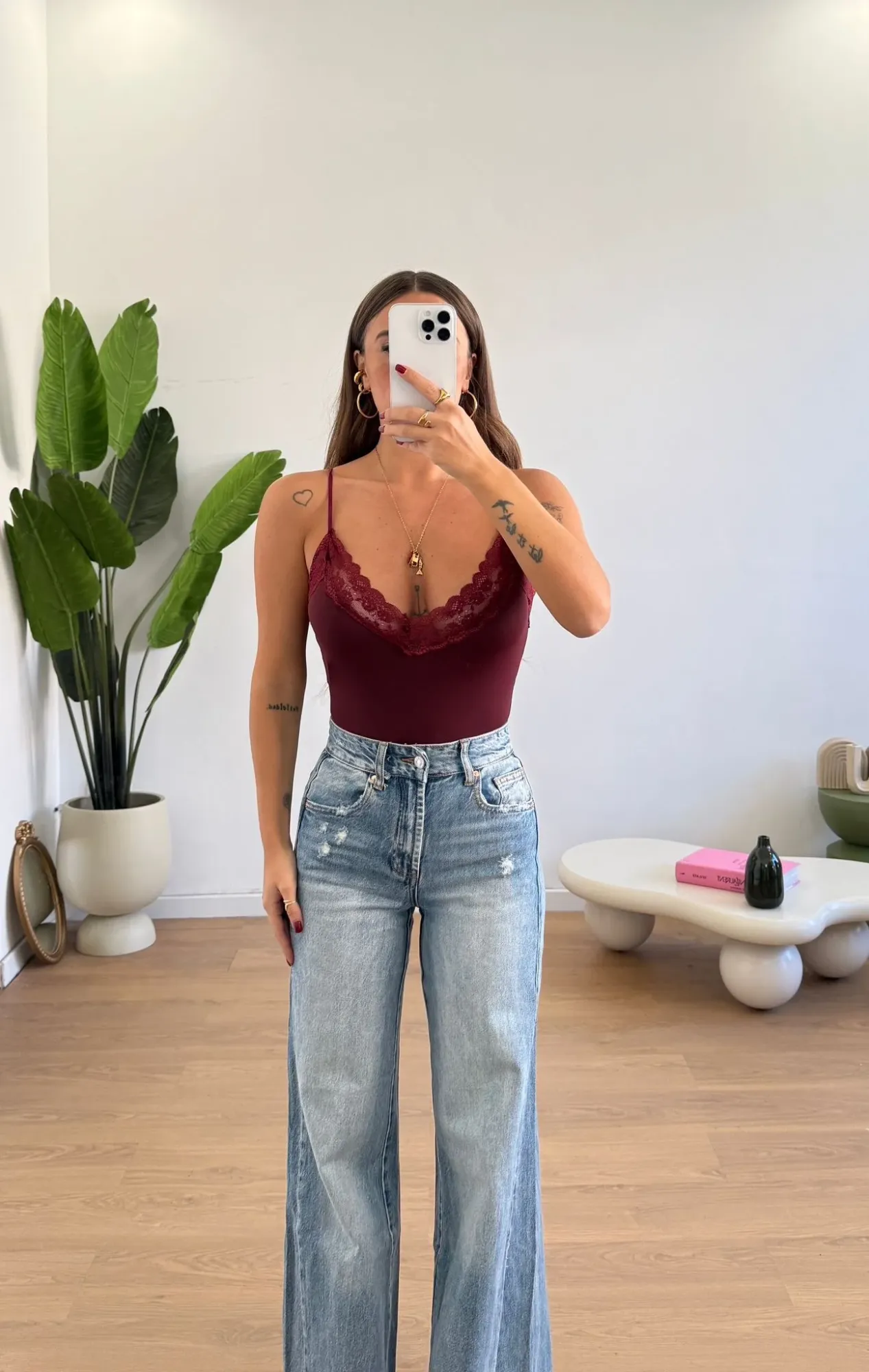 Lace Trim Spaghetti Strap Bodysuit - Bordeaux