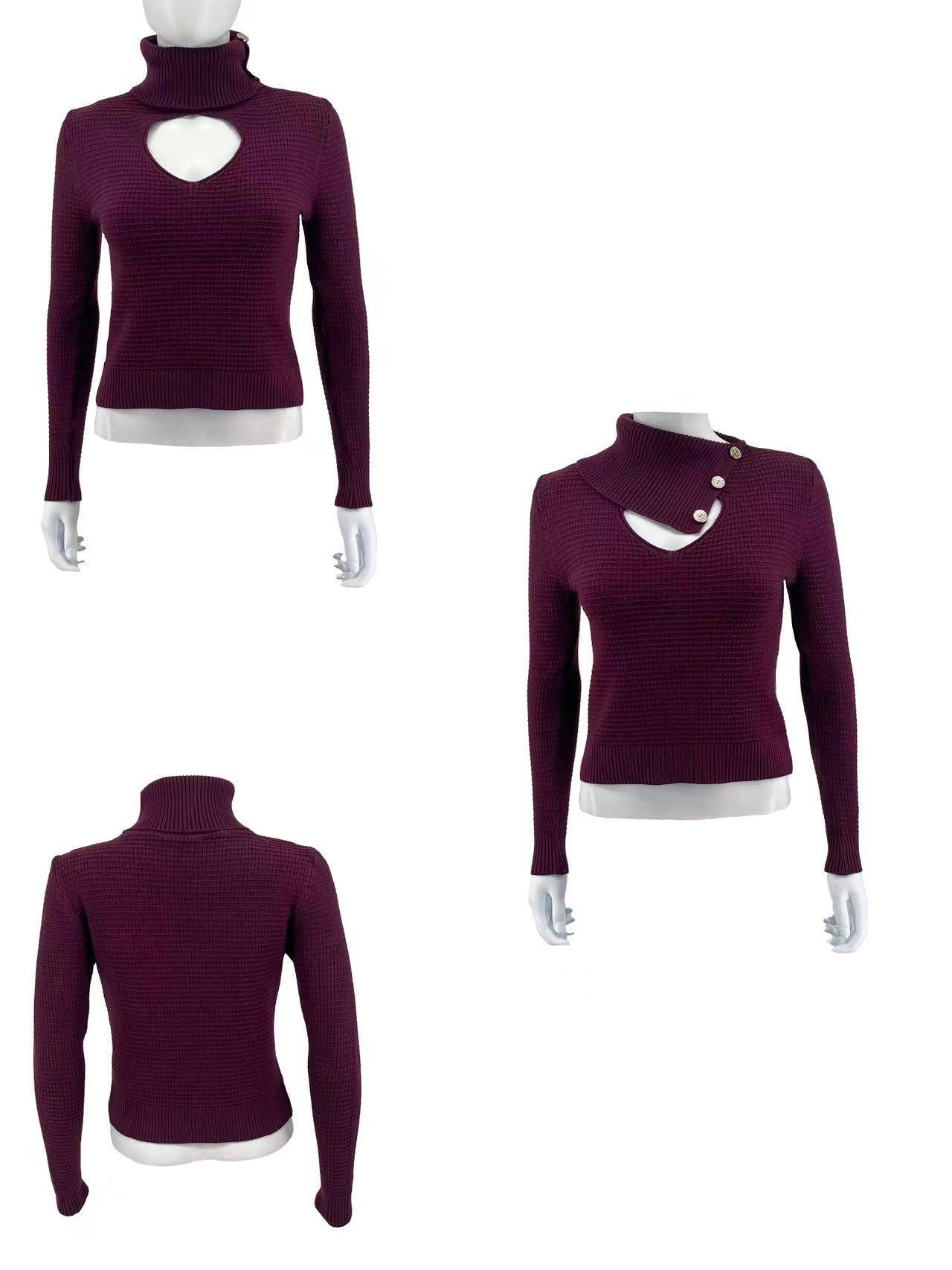 Cut-Out Turtleneck Sweater with Button Detail - Bordeaux