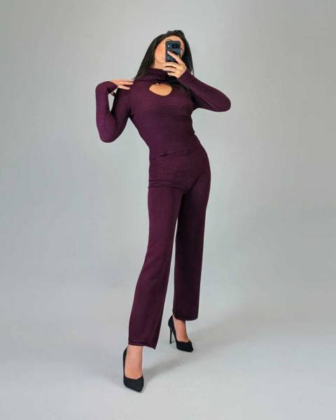 Cut-Out Turtleneck Sweater with Button Detail - Bordeaux