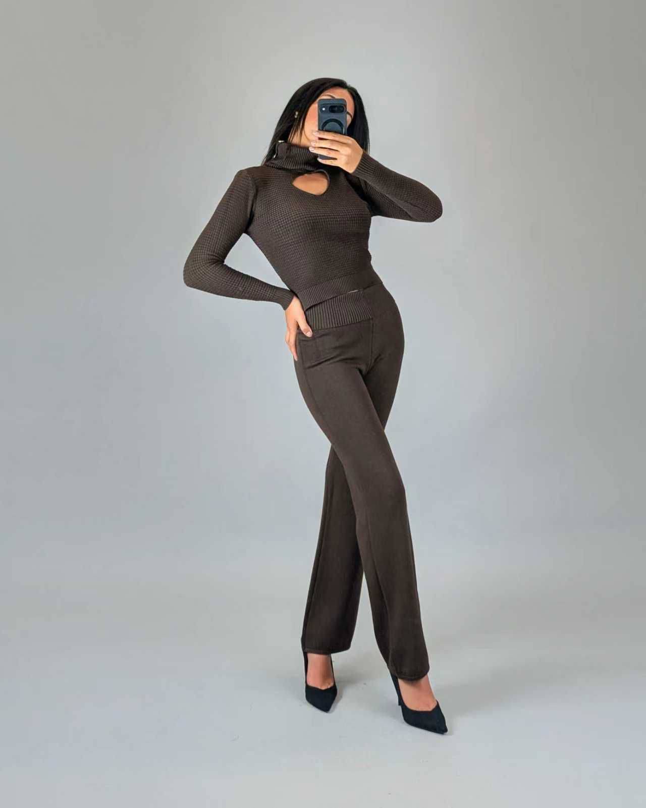 Cut-Out Turtleneck Sweater with Button Detail - Brown