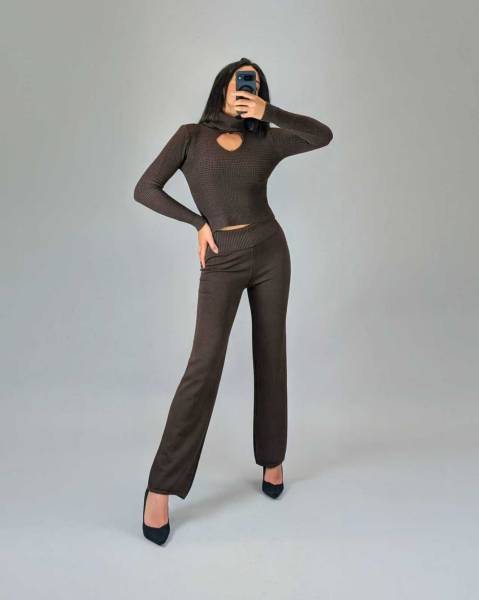 Cut-Out Turtleneck Sweater with Button Detail - Brown