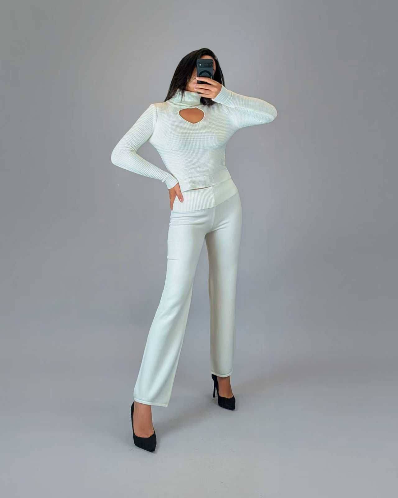 Cut-Out Turtleneck Sweater with Button Detail - White