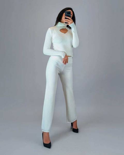 Cut-Out Turtleneck Sweater with Button Detail - White
