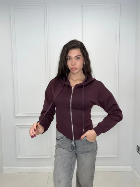 Fitted Waist Cropped Zip-Up Hoodie - Bordeaux