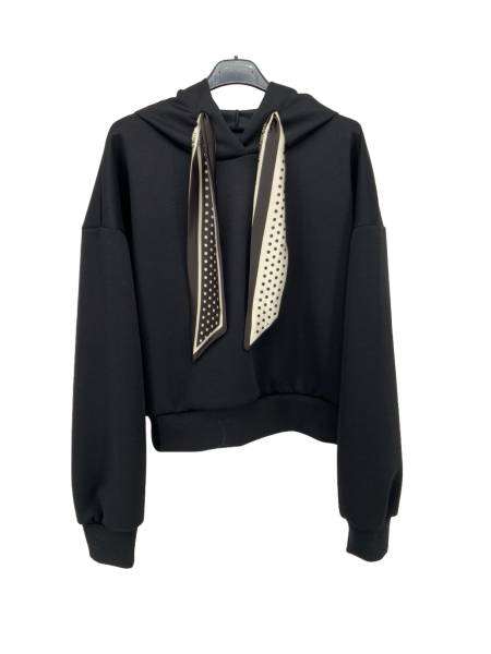 Hoodie with Polka Dot Satin Scarf Detail - Black