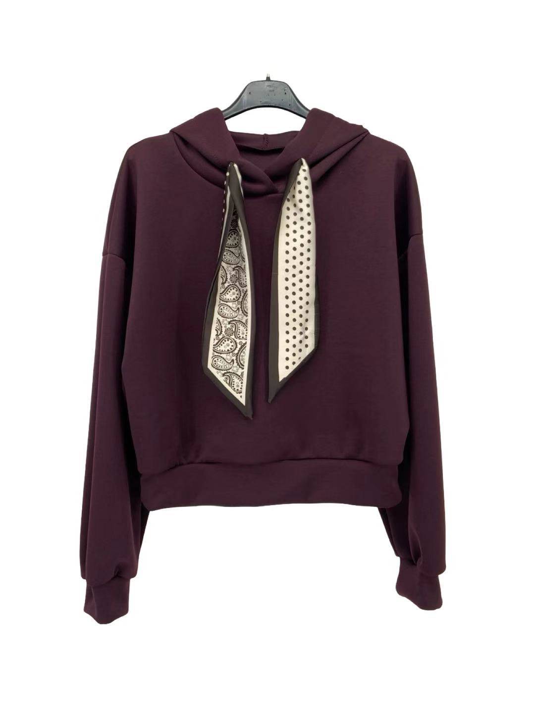 Hoodie with Polka Dot Satin Scarf Detail - Bordeaux