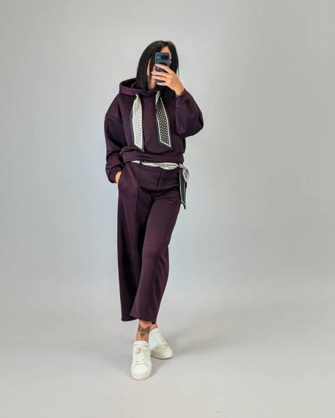 Hoodie with Polka Dot Satin Scarf Detail - Bordeaux