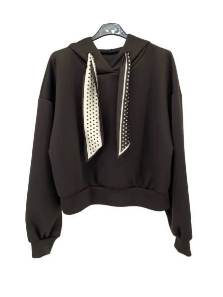 Hoodie with Polka Dot Satin Scarf Detail - Brown