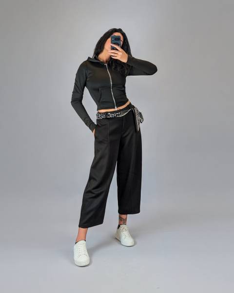 Wide Leg Pants with Polka Dot Satin Belt - Black