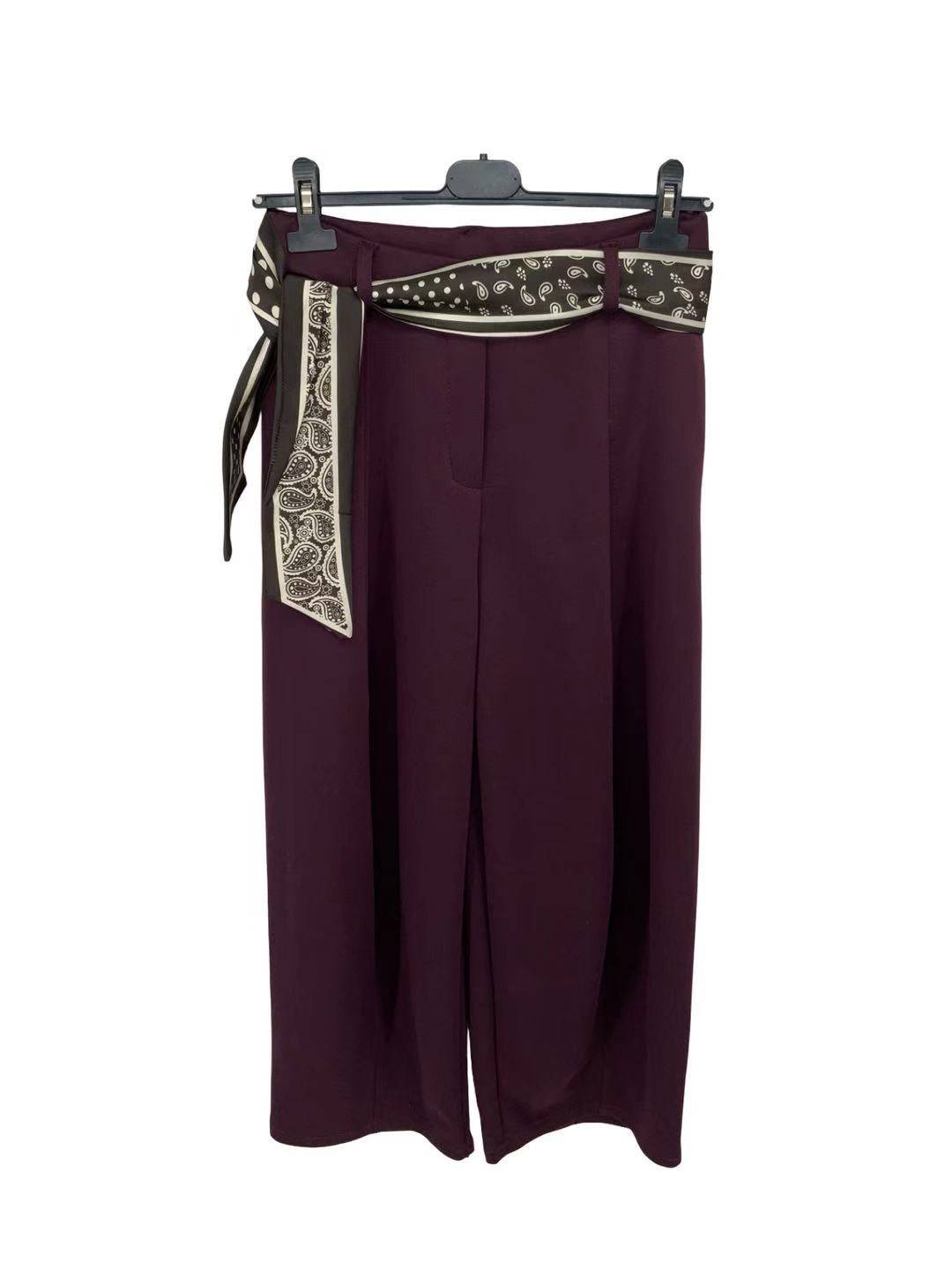 Wide Leg Pants with Polka Dot Satin Belt - Bordeaux