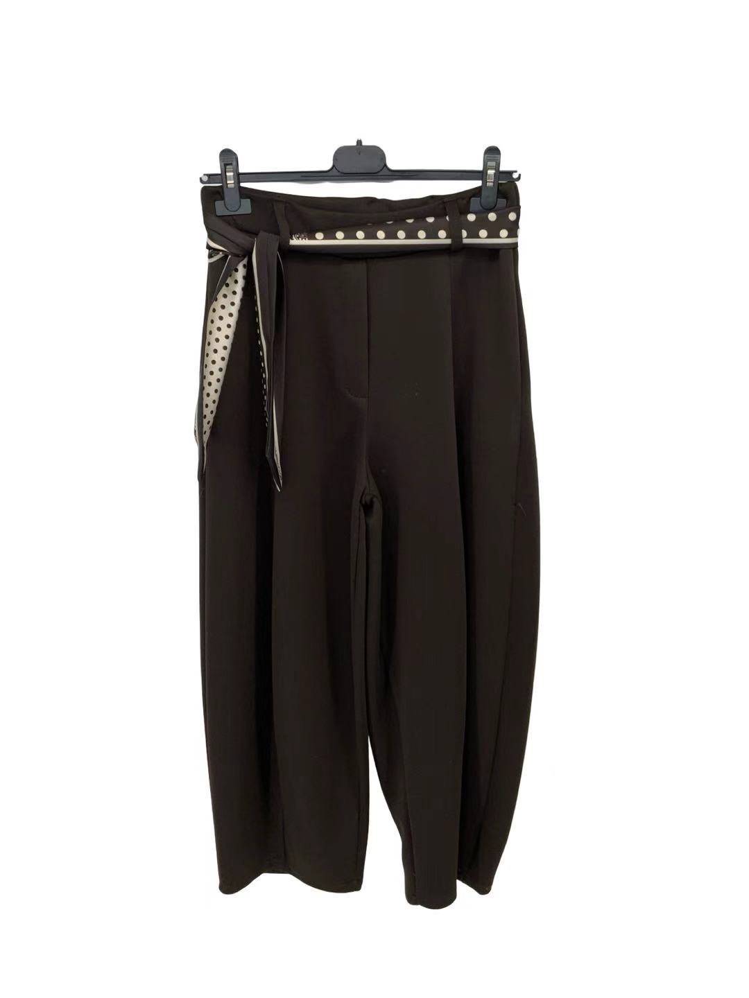 Wide Leg Pants with Polka Dot Satin Belt - Brown