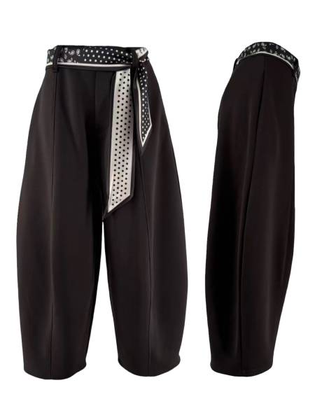 Wide Leg Pants with Polka Dot Satin Belt - Brown