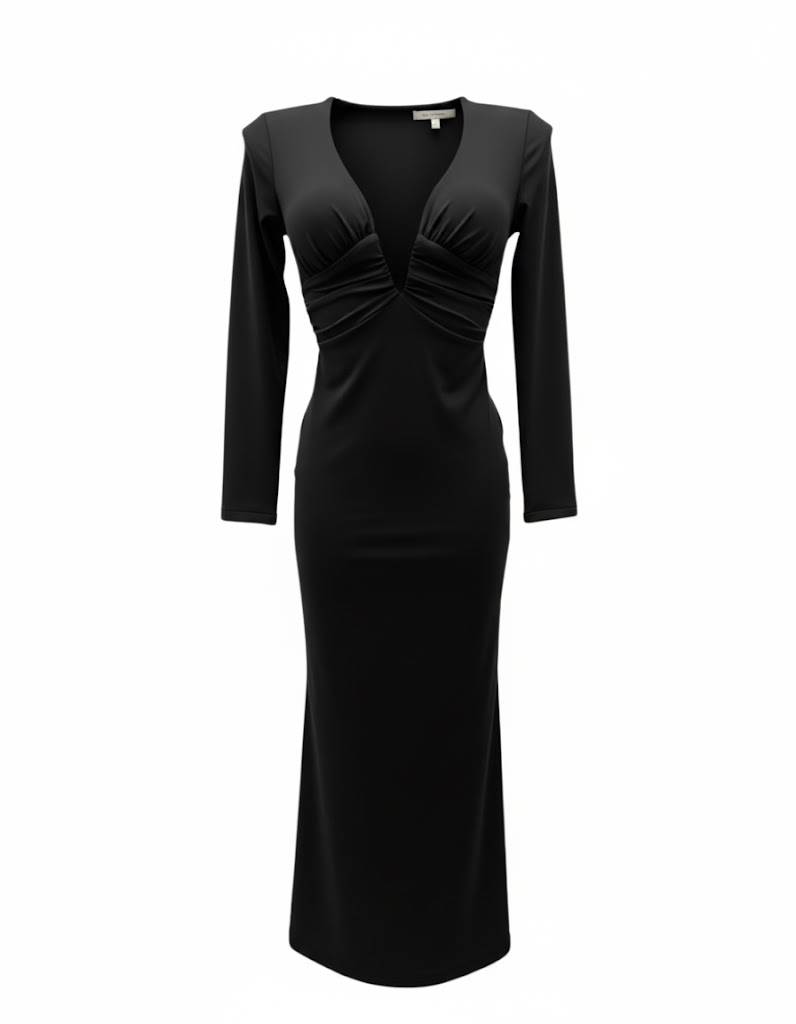 Deep V-Neck Ruched Maxi Dress - Black