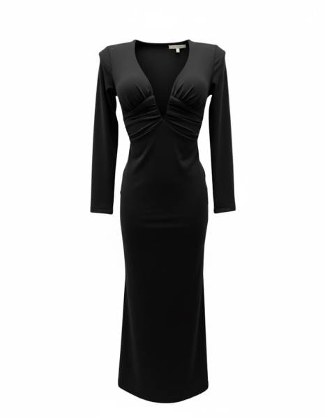 Deep V-Neck Ruched Maxi Dress - Black