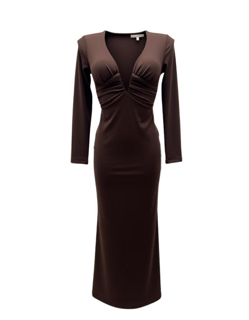Deep V-Neck Ruched Maxi Dress - Brown