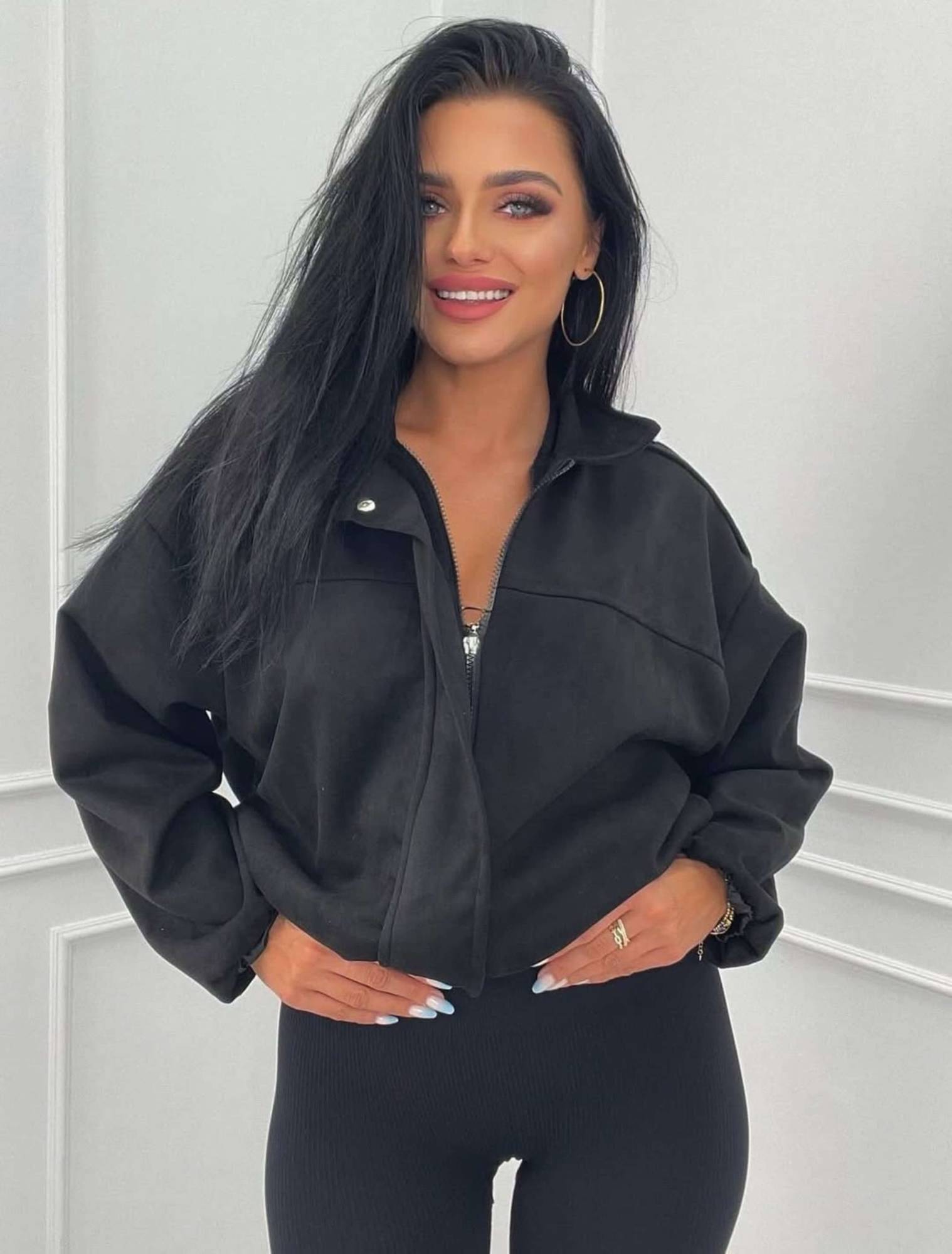 Suede Zip-Up Bomber Jacket - Black