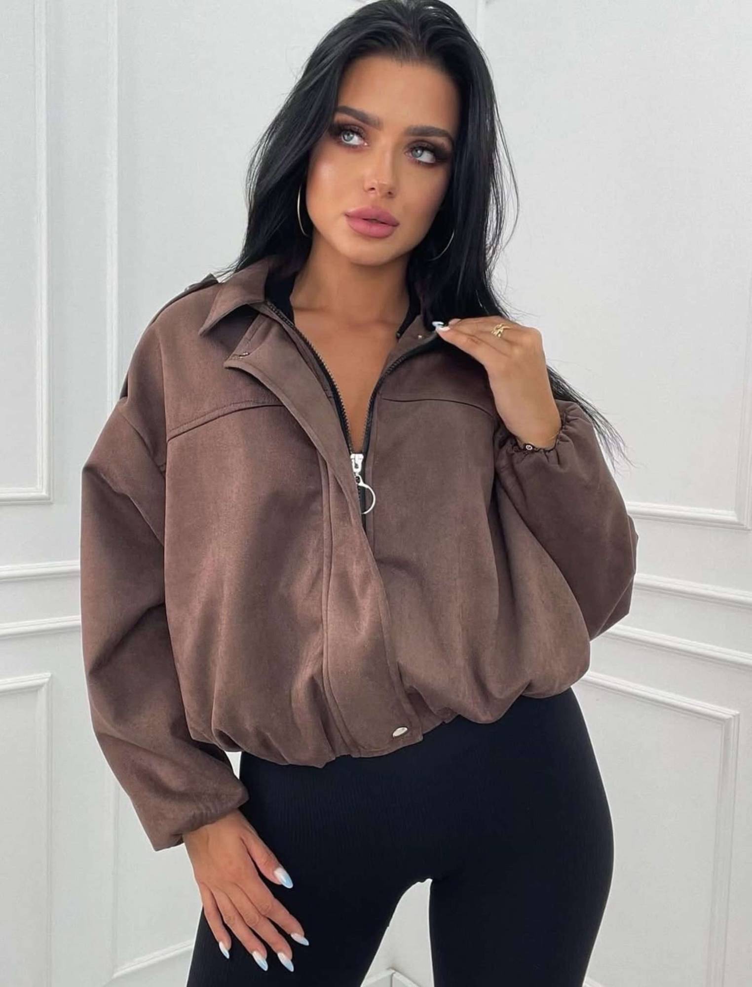 Suede Zip-Up Bomber Jacket - Brown