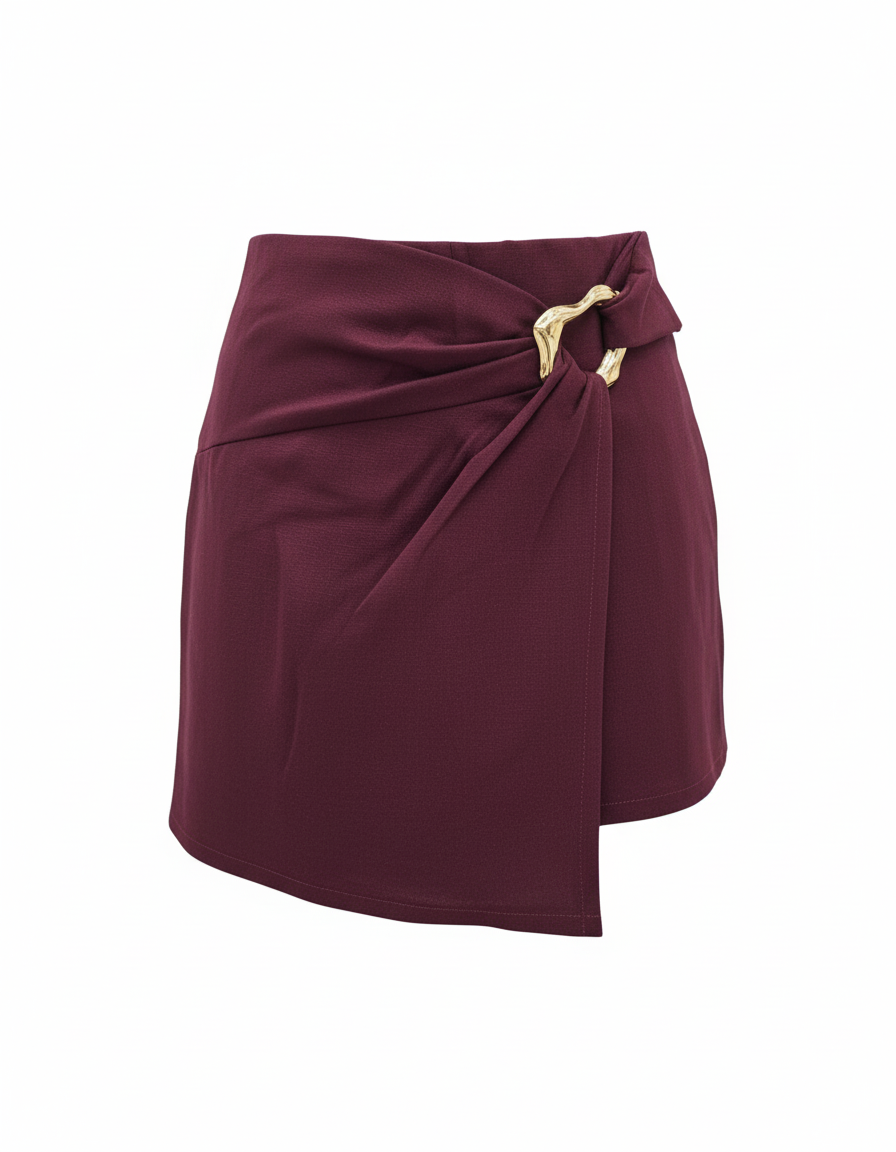 Wrap Skort with Gold Ring Detail - Bordeaux